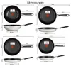 A collage of four different pans with measurement labels. Produktbild-Vorschau