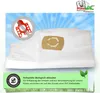 A white vacuum cleaner bag with a tan filter and a red symbol indicating it's not made of PVC, set against a blue sky with sun rays. Produktbild-Vorschau