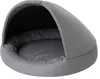 A grey pet bed with a hooded top, presented against a white background. Produktbild-Vorschau