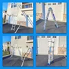 A collage of four images showing a telescoping ladder in different configurations and positions next to a residential building with garage doors. Produktbild-Vorschau