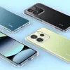 Four transparent phone cases are displayed on a light blue background. Podgląd zdjęcia produktu