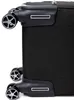 Close-up of the wheels and lower corner of a black suitcase. Produktbild-Vorschau