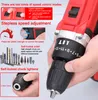 Close-up of a red and black power drill with various drill bits and instructional text overlays. Náhled obrázku produktu