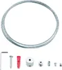 A collection of hardware components for hanging items, including a coil of wire, screws, wall anchors, and various connectors. Produktbild-Vorschau