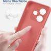 A hand touching a red phone case, with fluffy material in the background. Produktbild-Vorschau