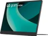 A black LG gram+view monitor is shown at an angle against a white background. The screen displays a teal and green abstract design with the LG gram+view logo in the top left corner. Podgląd zdjęcia produktu