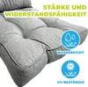 Close-up of a gray cushion with text overlays highlighting its features. Produktbild-Vorschau