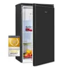 A black Exquisit refrigerator with its door open, showing shelves with food items and a German customer award badge on the left. Produktbild-Vorschau