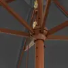Close-up view of the central mechanism of a wooden umbrella, showing the pole, ribs, and pulley system. Podgląd zdjęcia produktu