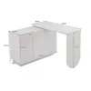 A white L-shaped desk with dimensions indicated by measurement lines and text. Podgląd zdjęcia produktu