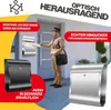 A mailman is delivering mail to a mailbox in front of a house. There are also images of mailboxes on the side. Produktbild-Vorschau