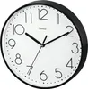 A close-up, slightly angled view of a black and white analog wall clock. Produktbild-Vorschau