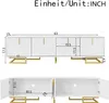 A diagram showing the dimensions of a white TV stand with gold accents. Produktbild-Vorschau