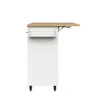 A side view of a white kitchen cart with a wooden drop-leaf countertop extended. Produktbild-Vorschau