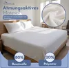 A white bed with pillows and a fitted sheet, with a close-up of the fabric texture. Produktbild-Vorschau