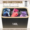 A laundry basket with three compartments filled with clothes, with text overlays describing its features. Voir les images du produit