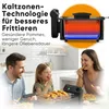 A family enjoying fried food, with a fryer prominently displayed and highlighted with marketing text. Produktbild-Vorschau