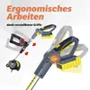 A marketing image showing a cordless trimmer with adjustable handles, illustrating ergonomic use. Produktbild-Vorschau