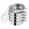 A stack of stainless steel pots and a steamer basket with a glass lid. Voir les images du produit