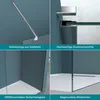 A collage of four images showcasing different features of a walk-in shower enclosure. Produktbild-Vorschau