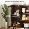 A close-up view of a wooden sideboard with a glass door, showcasing its interior storage and adjustable shelves, along with decorative elements like a plant and kitchenware. Náhľad obrázku produktu