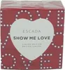 A red box with white polka dots and hearts, featuring the brand name and product title. Produktbild-Vorschau