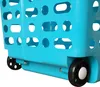 A close-up view of the bottom section of a blue rolling laundry basket, showing its wheels and the perforated design of the basket. Produktbild-Vorschau