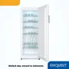 An open refrigerator with shelves filled with bottles and other items, set against a white background with a yellow graphic element in the top left corner. Produktbild-Vorschau