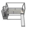 A gray wooden loft bed with stairs and a slide, shown from a top-down angle against a white background. Produktbild-Vorschau