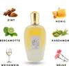 A perfume bottle is shown in the center, surrounded by images of its scent ingredients: cinnamon, honey, bergamot, cardamom, white wine, and carnations. Podgląd zdjęcia produktu