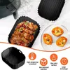 A collage of images showing silicone air fryer liners with food and product features. Produktbild-Vorschau
