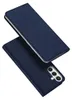 A dark blue flip case for a smartphone, shown from a diagonal angle with the front cover open. Produktbild-Vorschau