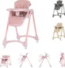 A collage of images showing a pink baby high chair from different angles and in different colors, along with diagrams illustrating its features. Produktbild-Vorschau