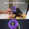 A collage showing a hand interacting with a vacuum cleaner's LED display and a close-up of the display. Produktbild-Vorschau