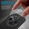 A hand is shown placing a clear camera lens protector onto the camera module of a smartphone. Produktbild-Vorschau