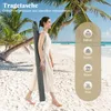 A woman walks on a beach carrying a gray umbrella bag, with palm trees and the ocean in the background. Icons and text indicating usage scenarios are overlaid on the right side. Podgląd zdjęcia produktu