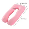 A pink U-shaped pregnancy pillow is shown on a white background with dimensions indicated by text overlays. Produktbild-Vorschau