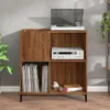A wooden record cabinet with a turntable and receiver on top, and vinyl records and books on the shelves. Produktbild-Vorschau