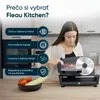 A woman using a meat slicer in a kitchen, with descriptive text panels. Náhľad obrázku produktu