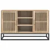 A wooden sideboard with slatted doors and open shelves, supported by a black metal frame. Produktbild-Vorschau