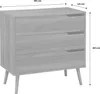 A gray dresser with three drawers and wooden accents, shown with dimensions. Produktbild-Vorschau