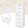 A diagram showing the dimensions of a white storage cabinet and its drawers. Náhled obrázku produktu