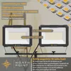 A close-up marketing image of two LED floodlights mounted on a stand, with text overlays detailing their specifications and features. Produktbild-Vorschau