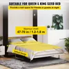 A bed with yellow bedding is shown in a room, with text overlays indicating product features. Produktbild-Vorschau