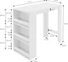 A white bar table with a built-in shelf unit, shown with dimensions indicated by measurement lines and text. Produktbild-Vorschau