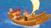Three cartoon-like characters on a wooden boat sailing on the ocean. Náhled obrázku produktu