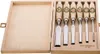A set of six chisels is neatly arranged in a wooden box. Podgląd zdjęcia produktu