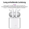 A pair of white wireless earbuds in their charging case, with German text describing their features. Produktbild-Vorschau
