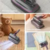 A collage of images showing a handheld vacuum cleaner being used on different surfaces like mattresses, stuffed animals, carpets, and clothing. Produktbild-Vorschau