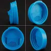 A collage of four images showing different angles of a blue plastic lid for a beverage can. Produktbild-Vorschau